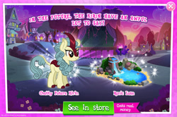 Size: 1960x1300 | Tagged: safe, imported from derpibooru, kirin, advertisement, bush, cloven hooves, costs real money, english, female, gameloft, horn, mobile game, my little pony: magic princess, numbers, official, sale, season sunshine, solo, solo focus, text, water