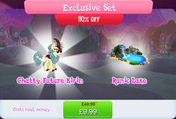 Size: 1269x861 | Tagged: safe, imported from derpibooru, kirin, bundle, bush, cloven hooves, costs real money, english, female, gameloft, horn, mobile game, my little pony: magic princess, numbers, official, sale, season sunshine, solo, solo focus, text, water