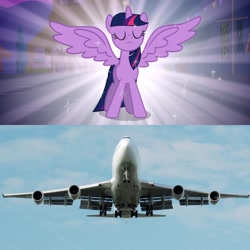 Size: 1920x1920 | Tagged: safe, edit, imported from derpibooru, screencap, twilight sparkle, alicorn, pony, magical mystery cure, boeing, boeing 747, comparison, eyes closed, female, irl, mare, photo, plane, solo, spread wings, twilight sparkle (alicorn), wings