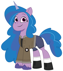 Size: 1060x1200 | Tagged: safe, artist:edy_january, artist:prixy05, edit, imported from derpibooru, vector edit, izzy moonbow, pony, unicorn, boots, clothes, denim, g5, girls und panzer, jacket, jeans, military, military pony, my little pony: tell your tale, pants, saunders, shirt, shoes, short pants, simple background, socks, solo, stockings, thigh highs, transparent background, vector