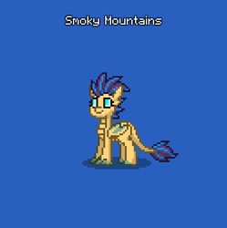 Size: 380x381 | Tagged: safe, imported from derpibooru, oc, oc only, oc:smoky mountains, dragon, hippogriff, hybrid, pony, pony town, blue background, female, offspring, orange skin, parent:smolder, parent:terramar, pixel art, simple background, solo, wings