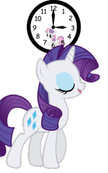 Size: 250x400 | Tagged: safe, artist:sbloom85, imported from derpibooru, rarity, sweetie belle, pony, unicorn, fanfic:a little loopy, clock, eyes closed, fanfic art, simple background, vector