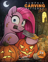 Size: 2550x3300 | Tagged: safe, artist:selenophile, imported from derpibooru, pinkie pie, bat, earth pony, pony, gravestone, halloween, holiday, jack-o-lantern, knife, looking at you, mouth hold, nightmare night, pinkamena diane pie, pumpkin