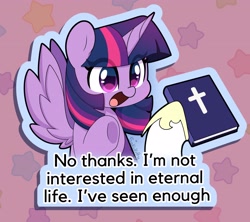 Size: 4096x3633 | Tagged: safe, artist:sakukitty, imported from derpibooru, princess celestia, twilight sparkle, alicorn, bible, christianity, dialogue, eye clipping through hair, happy, offscreen character, open mouth, open smile, smiling, solo, spread wings, text, twilight sparkle (alicorn), underhoof, wings