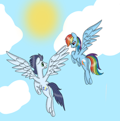 Size: 720x727 | Tagged: safe, artist:dasher666, artist:kulturschock, edit, imported from derpibooru, rainbow dash, soarin', pegasus, pony, duo male and female, female, flying, male, mare, ship:soarindash, shipping, stallion, straight