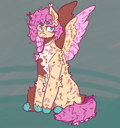 Size: 1920x2048 | Tagged: safe, artist:tottallytoby, imported from derpibooru, fluttershy, pegasus, pony, alternate design, alternate hairstyle, beanbrows, belly fluff, blue background, braid, chest fluff, colored eyelashes, colored hooves, colored wings, colored wingtips, ear tufts, elbow fluff, eyebrows, female, fluffy, hoof polish, leg fluff, leg scar, mare, open mouth, pale belly, scarred, shoulder fluff, simple background, sitting, solo, spread wings, wing scar, wings