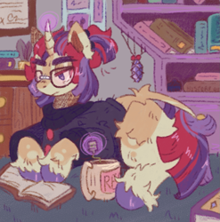 Size: 1253x1268 | Tagged: safe, artist:tottallytoby, imported from derpibooru, moondancer, pony, unicorn, book, bookshelf, clothes, colored eyelashes, colored hooves, cup, curved horn, ear fluff, female, glasses, hoof polish, horn, leg fluff, leonine tail, lidded eyes, lying down, magic, mare, ponytail, prone, reading, solo, sweater, tail, tail fluff, teacup, telekinesis, thick eyebrows, turtleneck, unshorn fetlocks