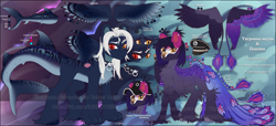 Size: 5500x2500 | Tagged: safe, artist:medkit, imported from derpibooru, oc, oc only, bird, bird pone, fish, hybrid, original species, peacock, pegasus, pony, shark, shark pony, tiger shark, accessory, blue coat, butt fluff, cap, chest fluff, claw, clothes, coat markings, collar, colored claws, colored ear fluff, colored ears, colored eyebrows, colored eyelashes, colored hooves, colored lineart, colored pupils, colored wings, colored wingtips, cyrillic, dark coat, duo, ear cleavage, ear fluff, ear piercing, earring, ears up, eye clipping through hair, eye scar, eyebrows, eyebrows visible through hair, facial markings, facial scar, feather, feathered wings, female, fin, fish tail, fringe, full body, gradient, gradient mane, gradient tail, gradient wings, grammar nazi, grammar police, hat, heart shaped, heterochromia, high res, hoof fluff, jewelry, lightly watermarked, long mane, long mane male, long tail, male, mare, multicolored coat, multicolored eyes, multicolored wings, neon, pair, partially open wings, paw fluff, paw pads, paws, peaked cap, pegasus oc, piercing, quadrupedal, raised eyebrow, redesign, reference sheet, russian, scar, shark tail, shaved mane, shipping, shoulder fluff, signature, slit pupils, smiling, spread wings, stallion, standing, stripes, tail, tassels, text, thorn, two toned mane, unshorn fetlocks, wall of tags, watermark, white mane, wing fluff, wings