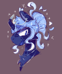 Size: 1602x1929 | Tagged: safe, artist:tottallytoby, imported from derpibooru, princess luna, alicorn, pony, alternate design, alternate hairstyle, brown background, bust, chest fluff, colored eyelashes, crooked horn, curved horn, ear piercing, ear tufts, earring, eyeshadow, facial markings, female, hair bun, horn, horn cap, jewelry, lidded eyes, makeup, mare, necklace, piercing, simple background, solo, sparkles