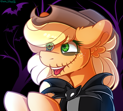 Size: 2024x1824 | Tagged: safe, artist:yuris, imported from derpibooru, applejack, earth pony, pony, applejack skellington, bust, clothes, costume, female, halloween, halloween costume, holiday, jack skellington, nightmare night, open mouth, portrait, smiling, solo, the nightmare before christmas