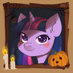 Size: 2000x2000 | Tagged: safe, alternate version, artist:erein, imported from derpibooru, twilight sparkle, pony, spider, unicorn, bust, candle, chibi, commission, ears up, female, frame, halloween, holiday, icon, jack-o-lantern, nightmare night, portrait, pumpkin, solo, wingding eyes, ych example, your character here