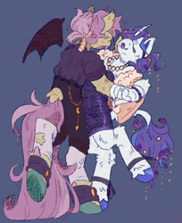 Size: 1527x1867 | Tagged: safe, artist:tottallytoby, imported from derpibooru, fluttershy, rarity, anthro, bat pony, pony, unguligrade anthro, unicorn, bat ponified, blue background, duo, female, flutterbat, lesbian, race swap, ship:flarity, shipping, simple background