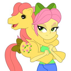 Size: 1920x1920 | Tagged: safe, artist:grapefruit-face, imported from derpibooru, posey, human, pony, equestria girls, 40th anniversary, base used, bow, cheek squish, clothes, duo, equestria girls 10th anniversary, equestria girls-ified, g1, g5, g5 to equestria girls, generation leap, hair bow, hug, human ponidox, mlp fim's thirteenth anniversary, posey bloom, posey bloom is not amused, self paradox, self ponidox, simple background, squishy cheeks, tail, tail bow, transparent background, unamused