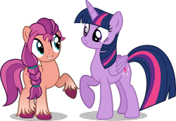 Size: 4966x3441 | Tagged: safe, artist:kojibiose, imported from derpibooru, sunny starscout, twilight sparkle, alicorn, earth pony, pony, g5, looking at each other, looking at someone, raised hoof, simple background, smiling, smiling at each other, sunny and her heroine, transparent background, twilight sparkle (alicorn), unshorn fetlocks