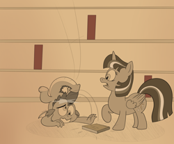 Size: 3500x2900 | Tagged: safe, artist:rupert, imported from derpibooru, spike, twilight sparkle, alicorn, dragon, pony, series:spiketober: rupert style, book, cartoon violence, concerned, derp, dragon tail, feet in the air, female, library, male, monochrome, motion lines, one leg raised, onomatopoeia, open mouth, pain, pain star, tail, twilight sparkle (alicorn), underfoot, upside down, wavy mouth, winged spike, wings