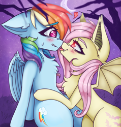 Size: 2387x2509 | Tagged: safe, artist:kittygutzzart, imported from derpibooru, fluttershy, rainbow dash, bat pony, pony, bat ponified, blushing, boop, chest fluff, crescent moon, cute, dashabetes, female, flutterbat, lesbian, looking into each others eyes, moon, nervous, night, noseboop, race swap, ship:flutterdash, shipping, shyabetes, sweat, sweatdrop