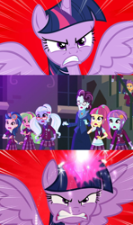 Size: 1192x2010 | Tagged: safe, edit, edited screencap, imported from derpibooru, screencap, indigo zap, lemon zest, principal abacus cinch, sci-twi, sour sweet, sugarcoat, sunny flare, twilight sparkle, alicorn, human, equestria girls, friendship games, season 4, twilight's kingdom, alicornified, alternate scenario, angry, furious, growling, race swap, scared, scitwilicorn, shadow five, shocked, snarling, twilight sparkle (alicorn)