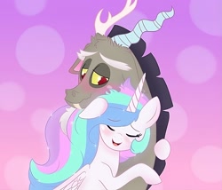 Size: 2560x2192 | Tagged: safe, artist:celestiacord, imported from derpibooru, discord, princess celestia, blushing, dislestia, female, horn, hug, male, shipping, straight