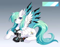 Size: 2048x1592 | Tagged: safe, artist:alus, imported from derpibooru, oc, oc only, cyborg, pegasus, pony, amputee, blade, eye clipping through hair, female, gradient background, mare, pegasus oc, prosthetic leg, prosthetic limb, prosthetics, reference sheet, sitting, solo, transparent wings, weapon, wingblade, wings