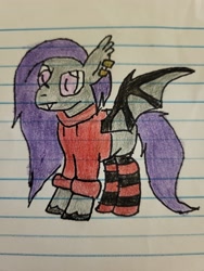 Size: 3000x4000 | Tagged: safe, artist:volk204, imported from derpibooru, oc, oc only, oc:moonlight bliss, bat pony, clothes, hoodie, lined paper, socks, solo, striped socks, traditional art