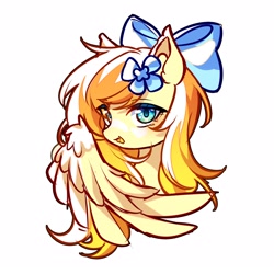 Size: 2100x2100 | Tagged: safe, artist:alus, imported from derpibooru, oc, oc only, oc:mercy snow, pegasus, pony, bow, cute, cute little fangs, fangs, female, flower, flower in hair, hair bow, high res, mare, pegasus oc, simple background, solo, white background, wings