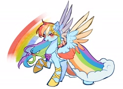 Size: 2048x1493 | Tagged: safe, artist:alus, imported from derpibooru, rainbow dash, pegasus, pony, clothes, dress, female, gala dress, mare, rainbow, shoes, simple background, solo, spread wings, white background, wings