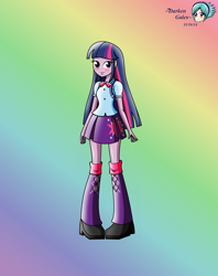 Size: 2625x3308 | Tagged: safe, artist:darkengales, imported from derpibooru, twilight sparkle, human, equestria girls, boots, clothes, gradient background, high heel boots, rainbow background, shirt, shoes, skirt, solo