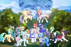 Size: 2048x1366 | Tagged: safe, artist:alus, imported from derpibooru, oc, oc only, oc:seven sister, alicorn, bat pony, bat pony alicorn, earth pony, kirin, original species, pony, unicorn, alicorn oc, bat pony oc, bat wings, bow, cape, chest fluff, choker, claws, clothes, curved horn, dress, ear fluff, earbuds, earth pony oc, female, forest, glasses, goggles, goggles on head, hair bow, hair braid, halo, hoodie, horn, kirin oc, leonine tail, mare, one eye closed, ponytail, round glasses, sailor uniform, skirt, socks, tail, tree, unicorn oc, uniform, wings, wink