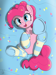 Size: 3000x4000 | Tagged: safe, alternate version, artist:noomeralf, imported from derpibooru, pinkie pie, earth pony, pony, clothes, confetti, female, frog (hoof), looking at you, lying down, mare, on back, open mouth, open smile, smiling, socks, underhoof