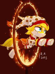 Size: 3000x4000 | Tagged: safe, imported from derpibooru, oc, oc only, earth pony, blue eyes, fire, red background, simple background, solo, tail, white coat, yellow mane, yellow tail