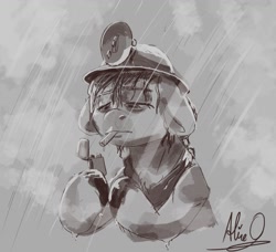 Size: 2160x1967 | Tagged: safe, artist:aliceg, imported from derpibooru, oc, earth pony, pony, bags under eyes, cigarette, earth pony oc, female, helmet, lighter, mare, mining helmet, monochrome, rain, smoking, solo