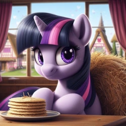 Size: 1024x1024 | Tagged: safe, imported from ponybooru, twilight sparkle, pony, unicorn, ai content, ai generated, bing, faic, female, food, grass pancakes, hay, herbivore, looking at you, mare, pancakes, ponyville, smirk, solo, table, twiface, unicorn twilight