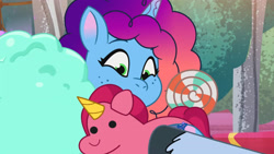 Size: 3072x1727 | Tagged: safe, imported from derpibooru, screencap, pony, unicorn, spoiler:g5, spoiler:my little pony: tell your tale, spoiler:tyts01e63, alphabittle blossomforth, candy, cotton candy, female, food, frown, g5, male, mare, misty brightdawn, my little pony: tell your tale, nightmare nightmarket, offscreen character, plushie, rebirth misty, solo focus, stallion