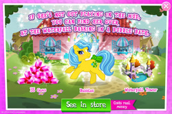 Size: 1958x1303 | Tagged: safe, idw, imported from derpibooru, bubbles (g1), earth pony, pony, advertisement, bow, bush, costs real money, english, female, g1, g4, gameloft, gem, idw showified, mare, mobile game, my little pony: magic princess, numbers, official, sale, solo, solo focus, tail, tail bow, text, tree, water