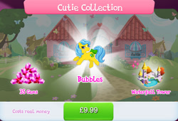 Size: 1264x858 | Tagged: safe, idw, imported from derpibooru, bubbles (g1), earth pony, pony, bow, bundle, bush, costs real money, english, female, g1, g4, gameloft, gem, idw showified, mare, mobile game, my little pony: magic princess, numbers, official, sale, solo, solo focus, tail, tail bow, text, tree, water