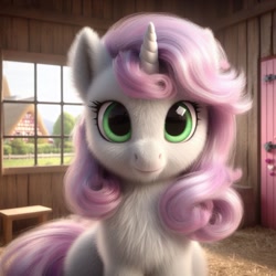 Size: 1024x1024 | Tagged: safe, imported from ponybooru, sweetie belle, pony, unicorn, ai content, ai generated, bing, female, fluffy, looking at you, ponyville, solo, window