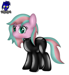 Size: 3840x4154 | Tagged: safe, artist:damlanil, imported from derpibooru, oc, oc:mystic breeze, earth pony, pony, bodysuit, catsuit, clothes, cute, female, latex, latex suit, looking at you, mare, rubber, shiny, show accurate, simple background, smiling, solo, standing, suit, transparent background, vector