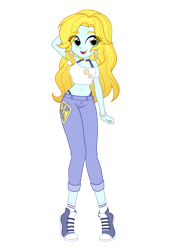 Size: 2000x2900 | Tagged: safe, alternate version, artist:rileyav, derpibooru exclusive, imported from derpibooru, daisy, flower wishes, oc, oc only, oc:graceful charity, equestria girls, arm behind head, blonde, bra, bra strap, camera, charm bracelet, choker, clothes, cutie mark, cutie mark on clothes, d20, denim, ear piercing, earring, feather, green eyes, high res, jeans, jewelry, looking at you, magic wand, off shoulder, open mouth, panties, pants, piercing, raised arm, shirt, shoes, simple background, smiling, sneakers, socks, sun, thong, transparent background, underwear