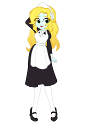 Size: 2000x2900 | Tagged: safe, artist:rileyav, derpibooru exclusive, imported from derpibooru, oc, oc only, oc:graceful charity, equestria girls, apron, arm behind head, blonde, bow, clothes, green eyes, hair bow, headband, high res, looking at you, maid, mary janes, open mouth, raised arm, shoes, simple background, smiling, socks, thigh highs, transparent background