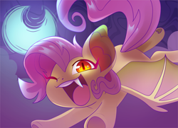 Size: 6297x4548 | Tagged: safe, artist:cutepencilcase, imported from derpibooru, fluttershy, bat pony, pony, bat ponified, crescent moon, fangs, flutterbat, flying, moon, night, one eye closed, race swap, smiling, solo, wink