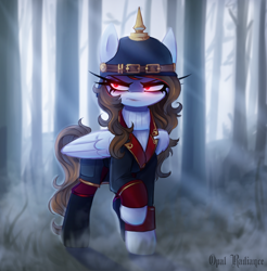 Size: 2940x2982 | Tagged: safe, artist:opal_radiance, imported from derpibooru, oc, oc:melancholy, pegasus, pony, undead, vampire, angry, clothes, forest, helmet, solo, stahlhelm, suit, uniform