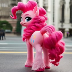 Size: 768x768 | Tagged: safe, imported from derpibooru, pinkie pie, earth pony, pony, ai content, city, detailed, detailed hair, female, irl, looking at you, looking back, looking back at you, mare, outdoors, photo, ponies in real life, realistic, realistic mane, smiling, solo, unshorn fetlocks