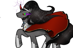 Size: 1280x846 | Tagged: safe, artist:pixel-spark, imported from derpibooru, king sombra, pony, unicorn, fanfic:from darkness to light, boots, cape, clothes, collar, colored horn, crown, curved horn, dark magic, fanfic art, gem, helmet, horn, jewelry, king sideburns, magic, regalia, robe, shoes, simple background, solo, sombra eyes, sombra's horn, starry hair, transparent background, vector