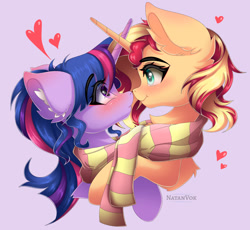 Size: 1280x1177 | Tagged: safe, artist:natanvok, imported from derpibooru, sunset shimmer, twilight sparkle, pony, blushing, clothes, ear fluff, female, heart, lesbian, scarf, shared clothing, shared scarf, shipping, striped scarf, sunsetsparkle