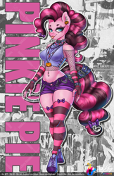 Size: 792x1224 | Tagged: safe, artist:inkkeystudios, imported from derpibooru, pinkie pie, anthro, earth pony, pony, :p, belly button, belly piercing, breasts, clothes, collar, ear piercing, female, fingerless gloves, fishnet clothing, gloves, midriff, piercing, shorts, socks, solo, spiked wristband, striped gloves, striped socks, thigh highs, tongue out, tongue piercing, wristband