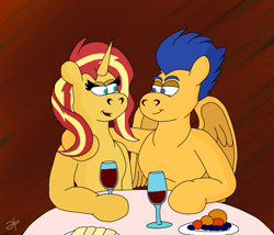 Size: 2345x2007 | Tagged: safe, artist:rotgriff, imported from derpibooru, flash sentry, sunset shimmer, pegasus, pony, unicorn, date, female, flashimmer, food, glass, lidded eyes, looking at each other, looking at someone, male, mare, shipping, stallion, straight, wine glass