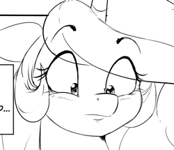 Size: 659x567 | Tagged: safe, artist:thelunarmoon, imported from derpibooru, princess celestia, alicorn, pony, black and white, blush scribble, bust, close-up, eye clipping through hair, eyebrows, eyebrows visible through hair, female, floppy ears, grayscale, looking down, mare, monochrome, solo