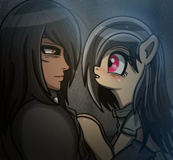 Size: 930x859 | Tagged: safe, artist:undisputed, imported from derpibooru, oc, oc only, oc:crimson sky, oc:dahlia do, human, pegasus, pony, blushing, dilated pupils, fanfic, fanfic art, female, holding, holding a pony, male, mare, smiling