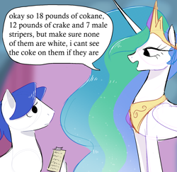 Size: 1952x1895 | Tagged: safe, artist:syrupyyy, imported from derpibooru, princess celestia, alicorn, earth pony, pony, clipboard, concave belly, crown, dialogue, duo, ethereal mane, eyelashes, female, folded wings, height difference, implied drug use, implied drugs, jewelry, long mane, mare, master chief and luna hanging out, meme, open mouth, peytral, regalia, slim, speech bubble, standing, starry mane, talking, tall, thin, wings