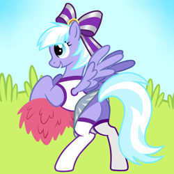 Size: 4000x4000 | Tagged: safe, artist:wtfponytime, imported from derpibooru, lilac sky, pegasus, pony, blue eyes, blue mane, bow, butt, cheerleader, cheerleader outfit, clothes, cloudsdale cheer ponies, female, g4, hair bow, mare, plot, rear view, short hair, show accurate, simple background, simple shading, smiling, socks, solo, standing on two hooves